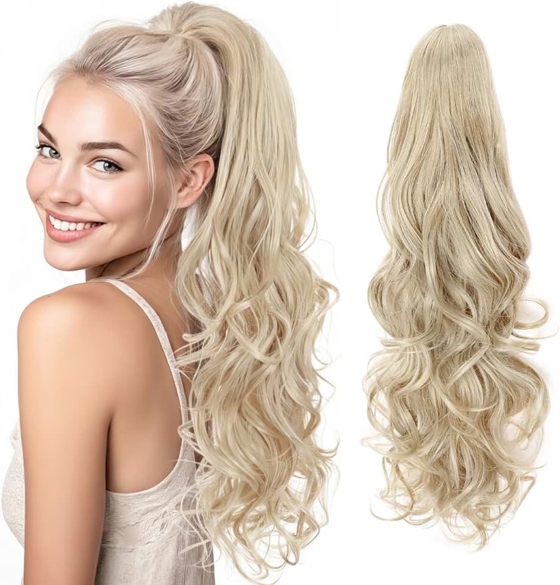 Golvende clip-in paardenstaart-verlenging, 60 cm lang synthetisch haarstukje, paardenstaart-extensie voor vrouwen, asblond, mix gebleekt blond