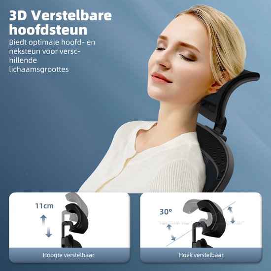 Vrouw met gesloten ogen die de hoofdsteun van de bureaustoel gebruikt. Verstelbare hoogte (11cm) en hoek (30°).
