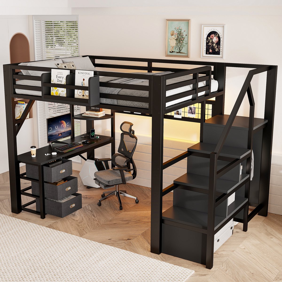 Sweiko Hoogslaper - 140 x 200 cm - Metalen frame - Met bureau - 3 lades - Opbergplanken - Kledingkast - LED-verlichting - Zwart
