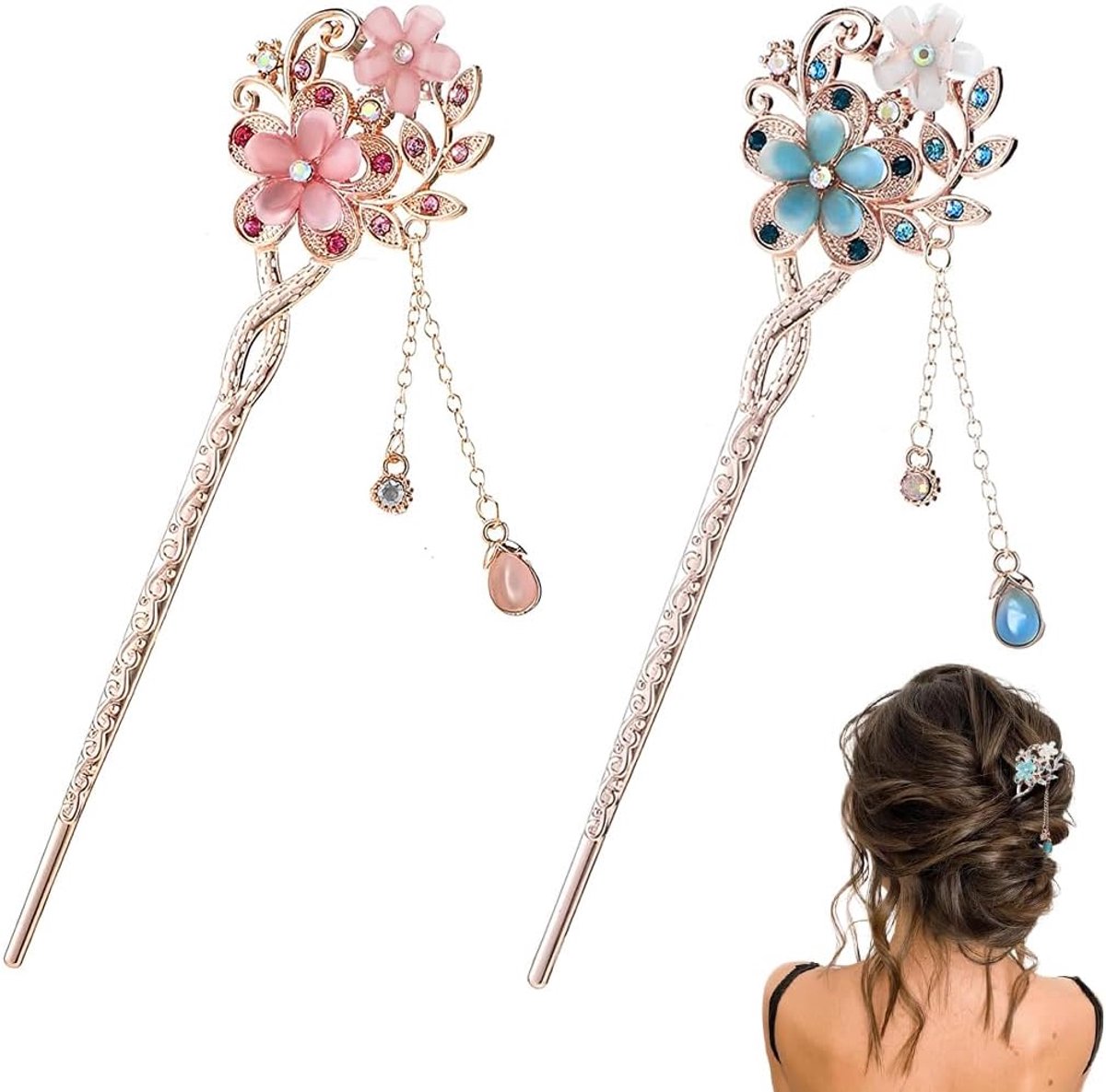 2 stuks vintage haarspeld met opaal en bloemversiering voor Chinees haar, stokjes, haarspeld - ShopVlot