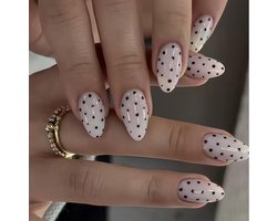 24pcs Almond Polka Dot Press On Nails White Black Spots Design Medium Full Cover Glossy Acrylic False Nails For Women - ShopVlot