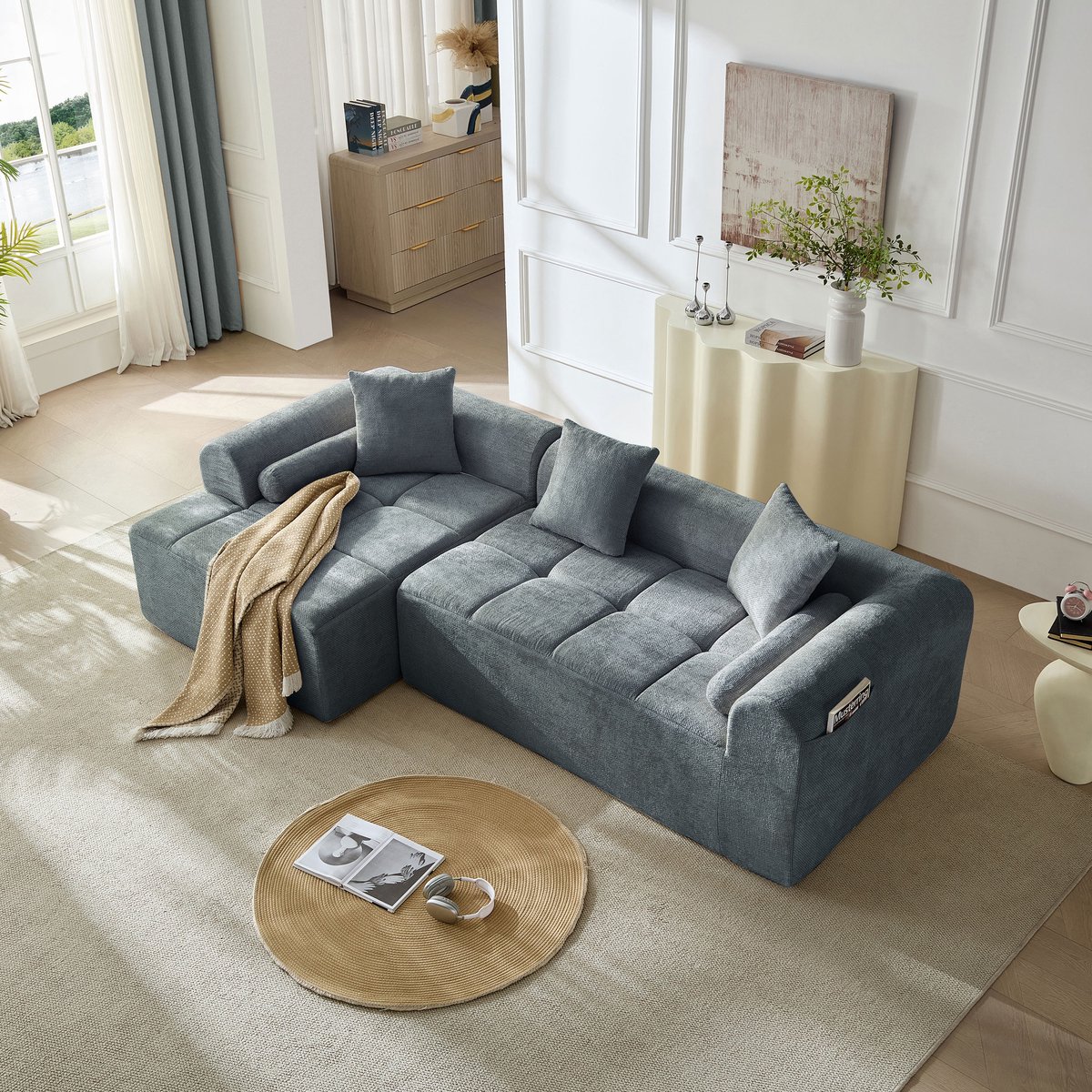 Moderne chenille hoekbank - L-vormige bank met chaise longue - Loungebank 2-3 personen - Relaxbank voor woonkamer - Blauw