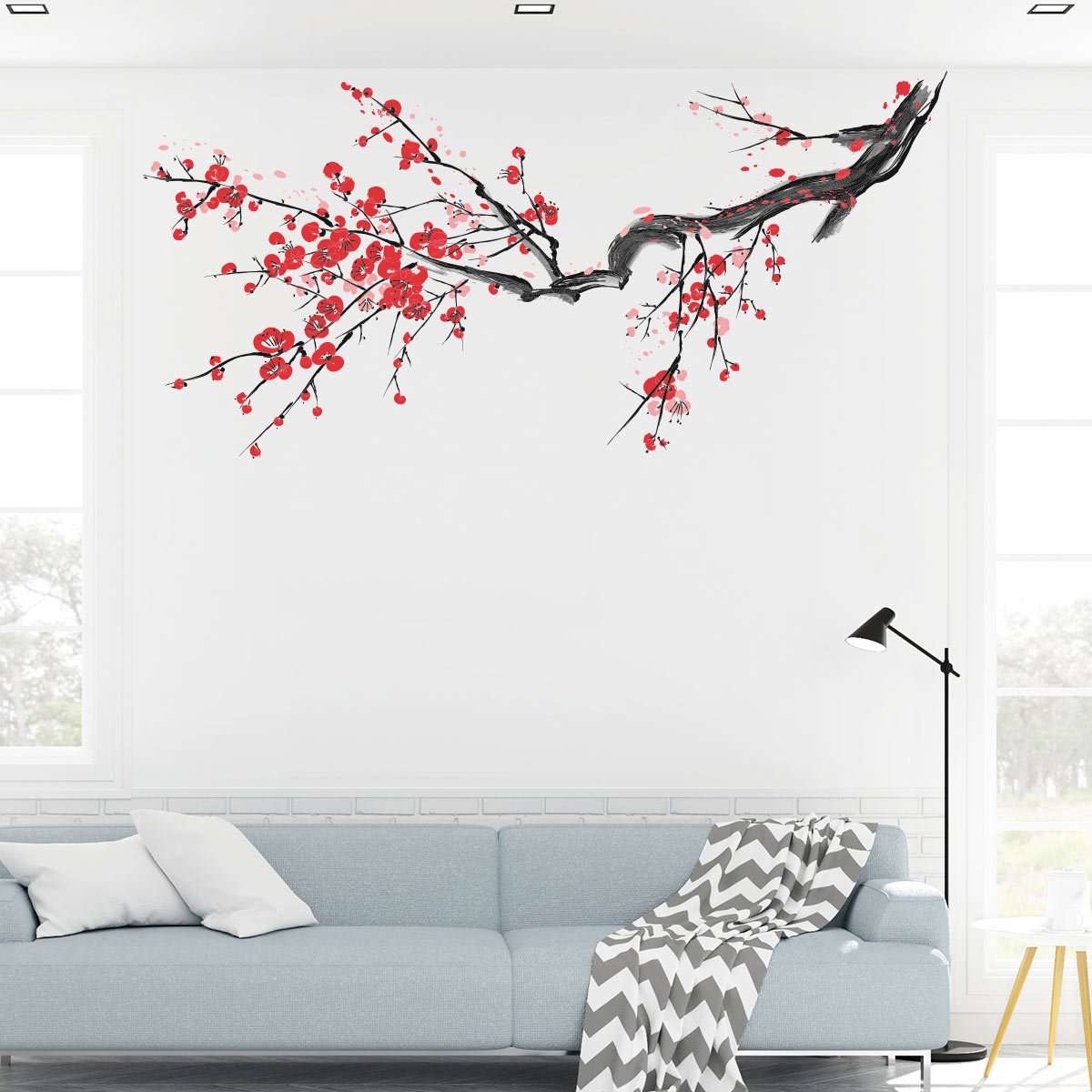 Ambiance Sticker Muurstickers - Bloeiende boomtak in rood - Transparante achtergrond - 120x160cm Multi color
