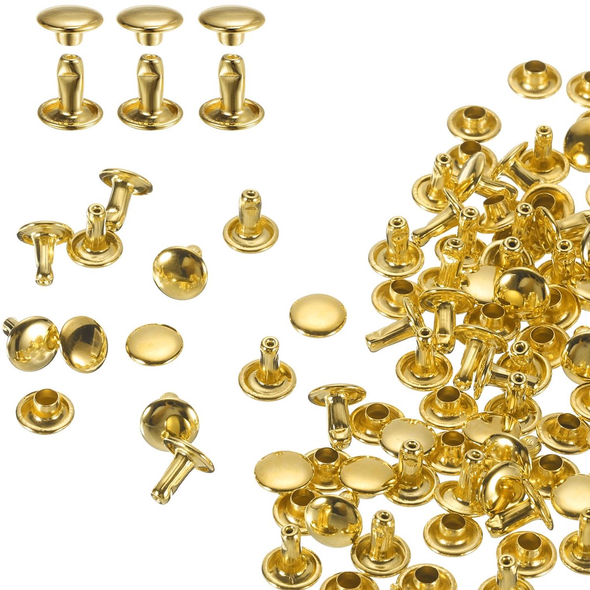 Set van 60 ronde dubbele lederkappen nieten 8x8mm (goud)