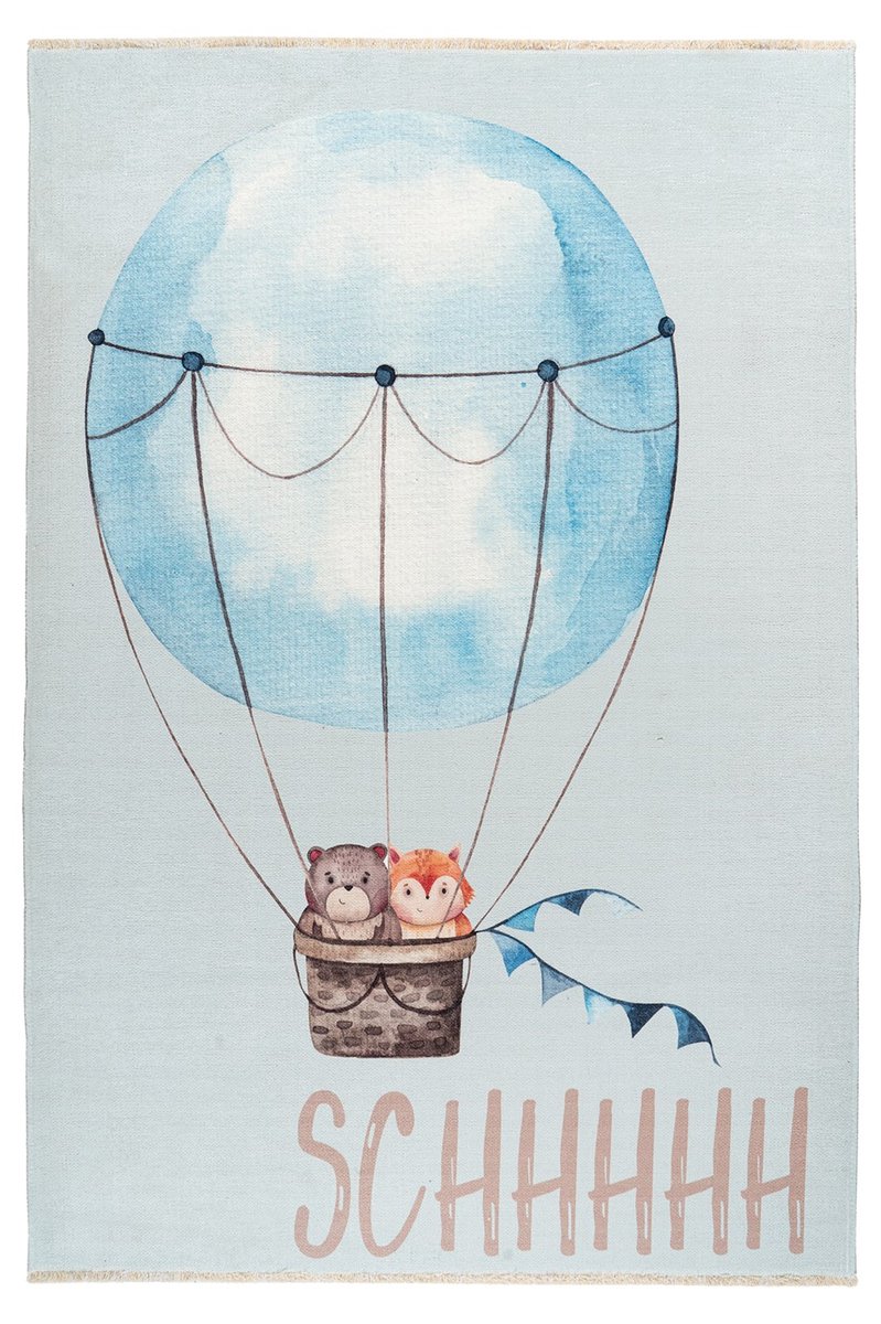 Padiro kindervloerkleed 115 x 170 cm - meerkleurig - speels kindermotief - met dieren ballonmotief - met franjes - van katoen (gerecycled) en polyester