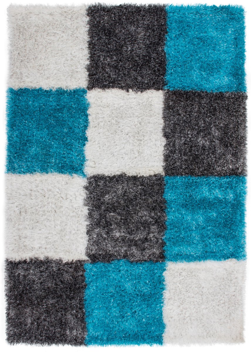 Padiro hoogpolig shaggy vloerkleed 200 x 290 cm - turkoois - geometrisch ruit- en blokpatroon - met een zachte uitstraling - geschikt voor vloerverwarming - van polyester