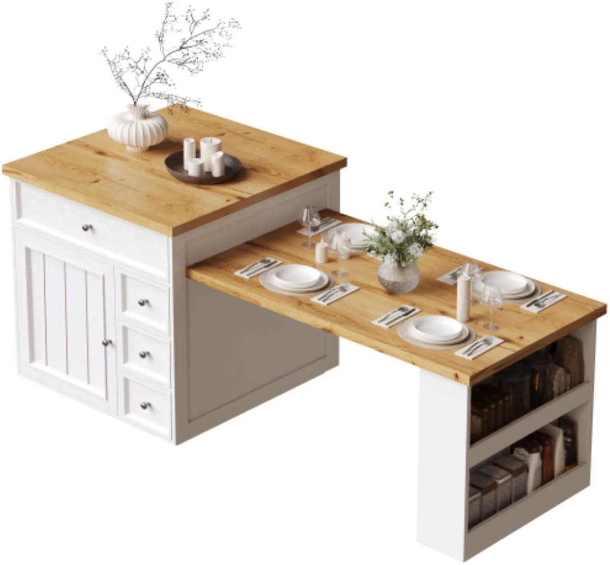 Gudalio Keukeneiland - Keukenkast - Werkblad keuken - Uitschuifbaar - Op wielen - 120-184x70x94 cm - Modern - Hout - Wit