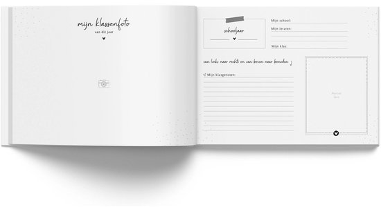 Open boek met de titel "Mijn klassenfoto", een camera icoon en invulbare secties voor schooljaar, leraar en klasgenoten.
