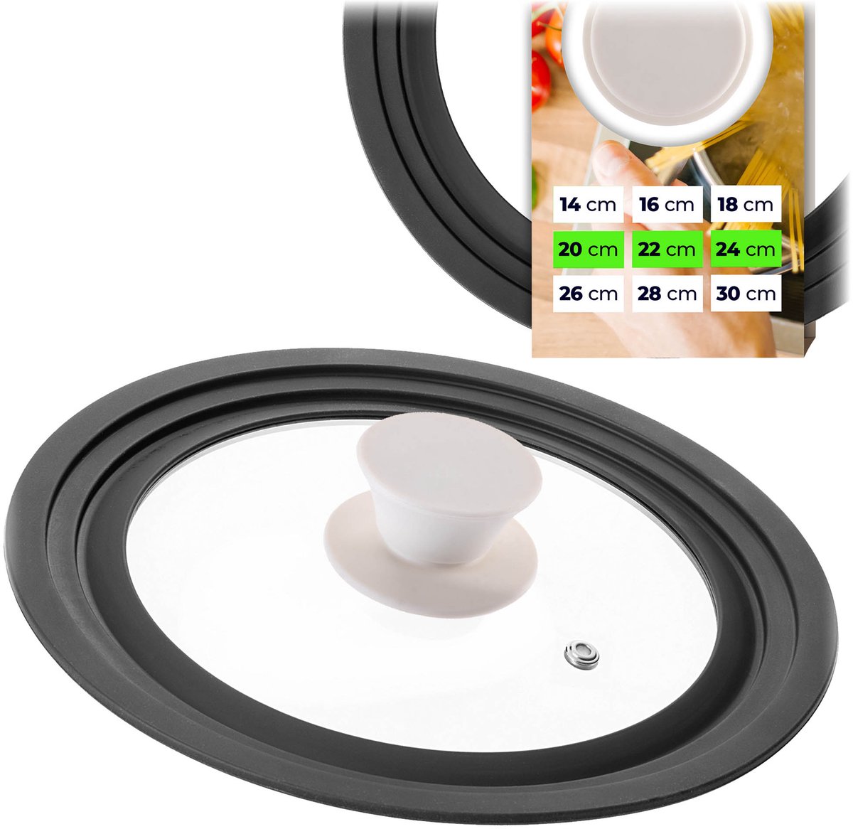 KADAX universele deksel 20/22/24 cm, universele deksel voor potten en pannen, pannendeksel, glazen deksel met siliconenrand en stoomopening, potdeksel (beige)