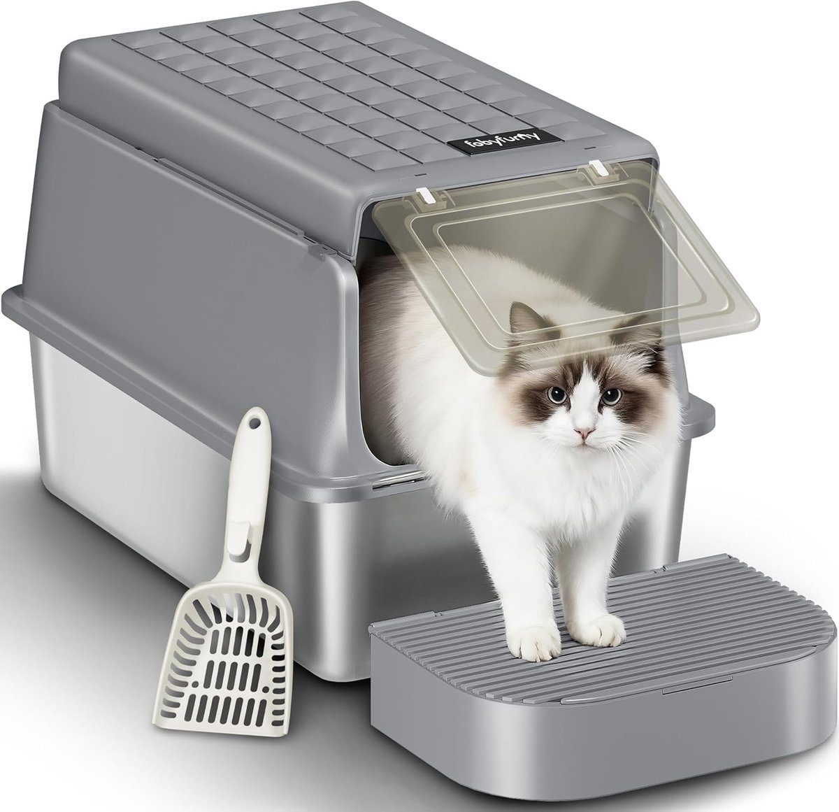 Hzuaneri Roestvrijstalen Kattenbak, XXL Metalen Kattenbak, Donkergrijs, Gesloten Kattenbak, Inclusief Kattenbakschepje en Voetpedaal, Uitneembaar, 120° Klapdeksel, 60x40x38,5cm