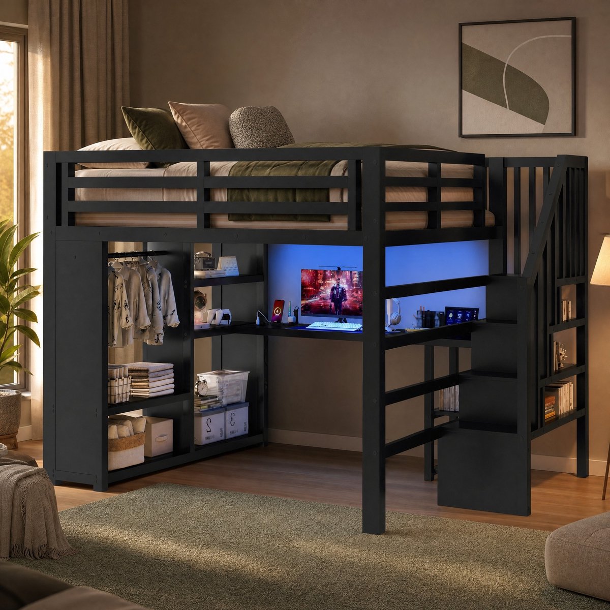 Hoogslaper 160x200 cm - Gaming Bed Met Bureau En LED Verlichting - Opbergruimte En Trap - Voor Volwassenen - Metaal - Zwart - Zonder Matras