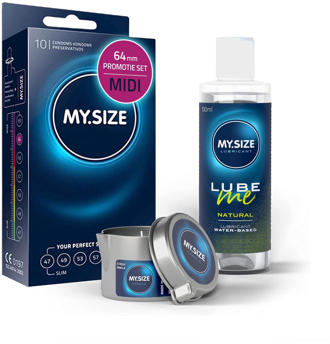 Voordeelverpakking MY.SIZE-condooms 64 mm, pak van 10 + MY.SIZE natuurlijk glijmiddel 100 ml + MY.SIZE-massagekaars
