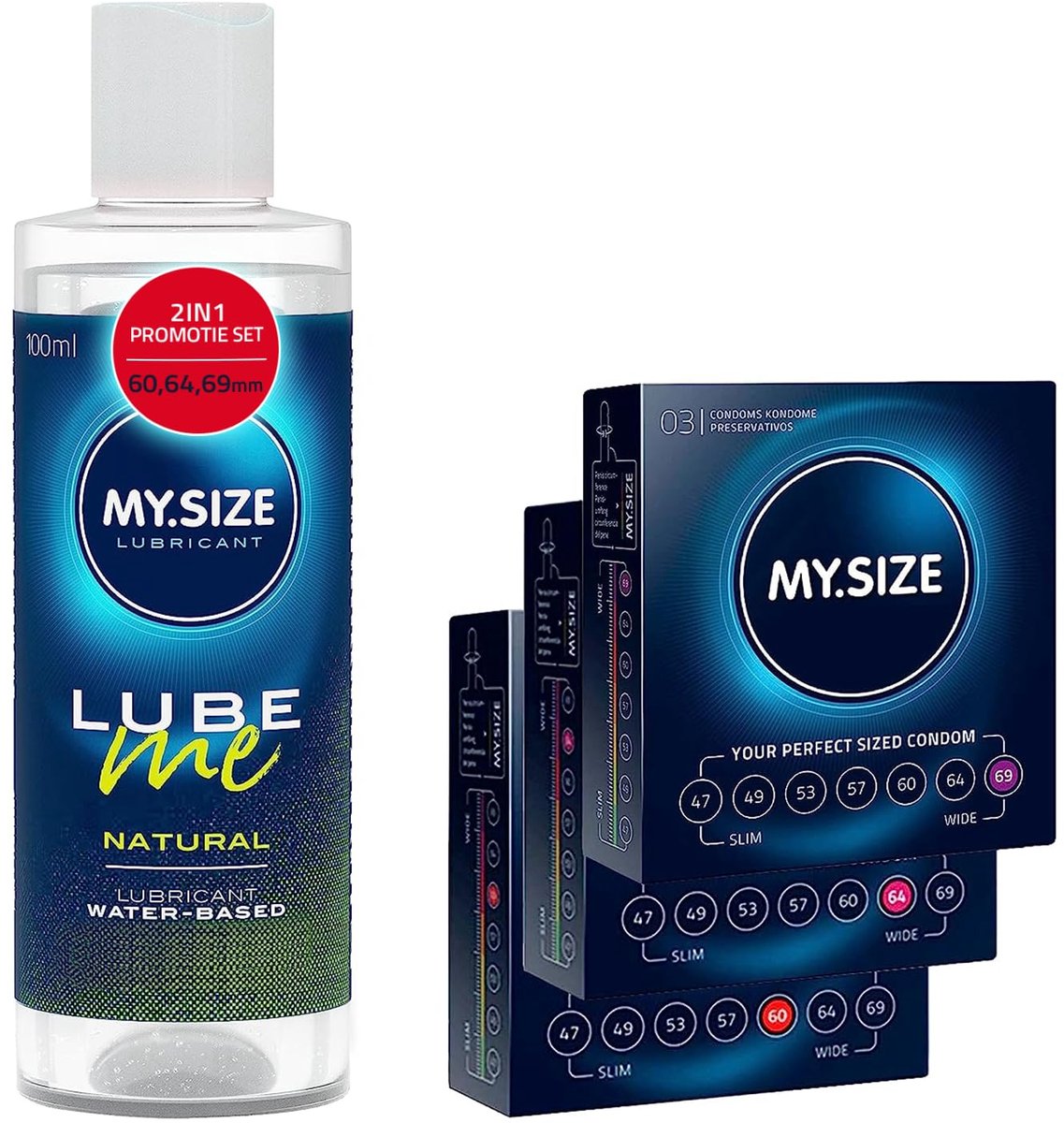 MY.SIZE Condoom + Glijmiddelset met 100 ml Lube Me Glijmiddel Naturel & 3x3 condooms 60, 64, 69 mm breed I glijmiddel op waterbasis I Glijmiddel Gel geschikt voor Toys & Latex condooms
