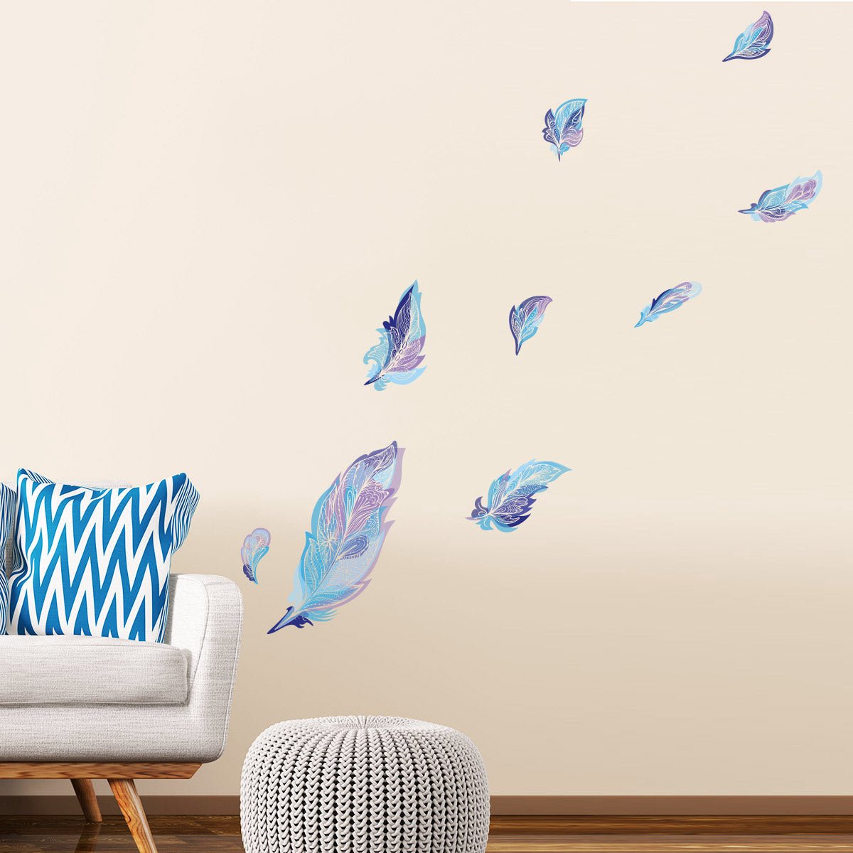Ambiance Sticker Muurstickers - Bohemian 9 blauwe veren - Transparante achtergrond - 30x30cm Multi color