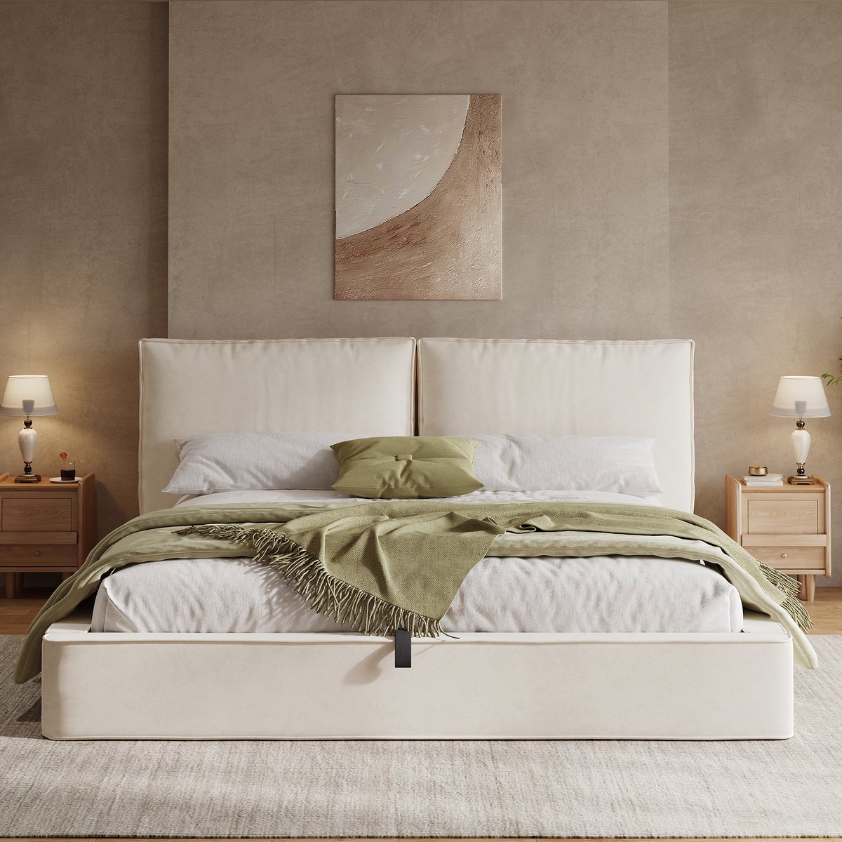 VVBV Tweepersoonsbed 180x200 cm - Hydraulische Opbergruimte, Gestoffeerd Hoofdbord, Met Lattenbodem - Beige, Fluweel