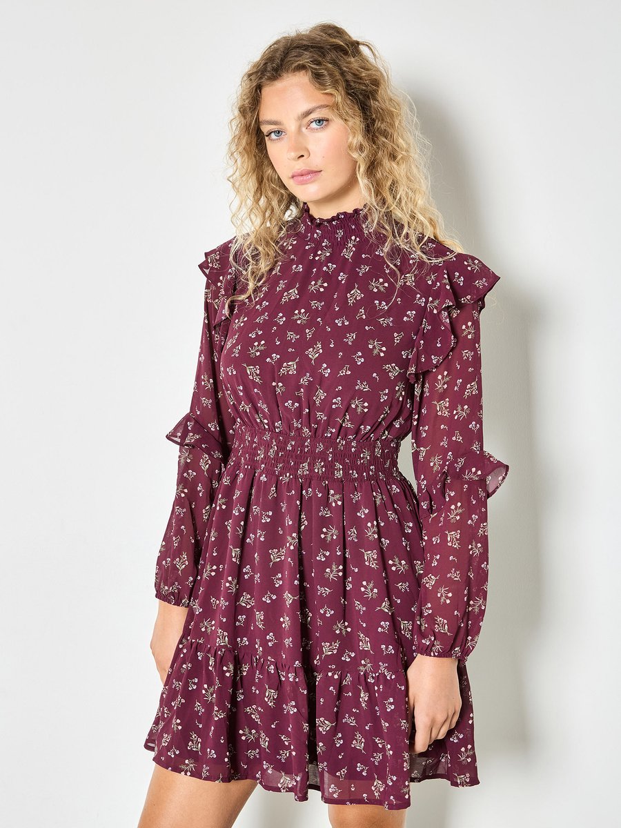 Mini-jurk met laagjes van chiffon met kleine bloemenprint