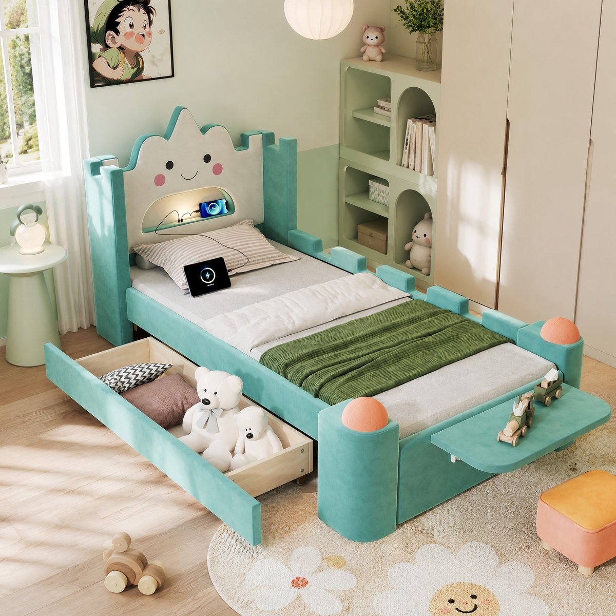 DESMIU Kinderbed 90x200cm – Wolkenbed Met Led Leeslamp En Usb Aansluiting – Bedlade En Opklapbare Legplank – Voor Kinderen – Velours – Blauwgroen Zonder Matras