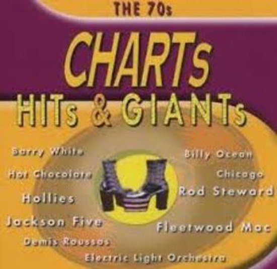 Albumhoes 'The 70's Charts Hits & Giants' met tekst en een afbeelding van twee laarzen.