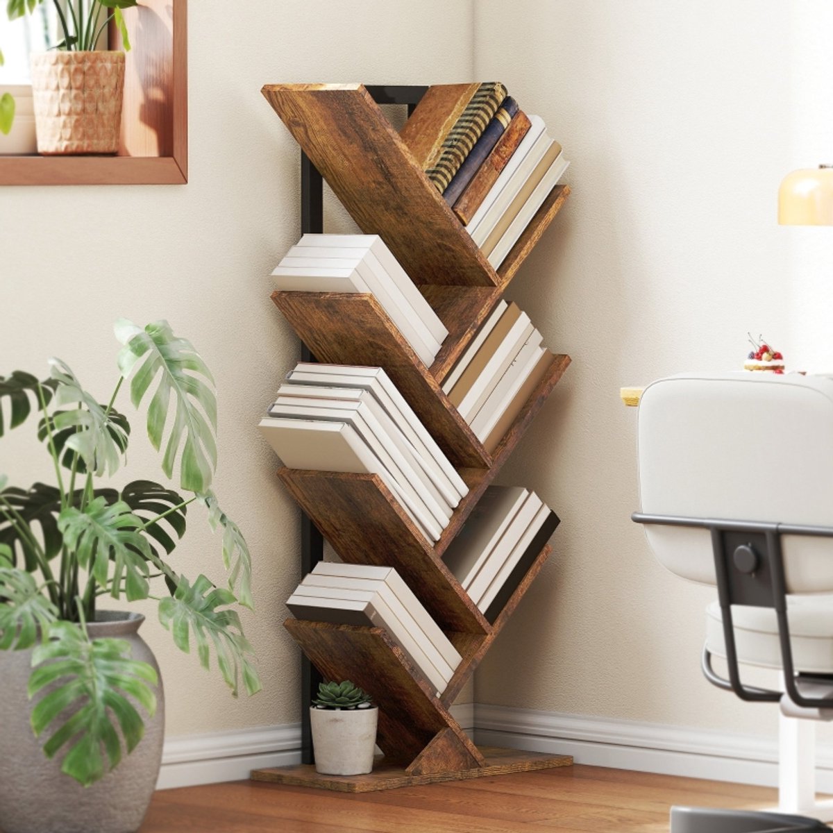 OKWISH Boekenkast Boomvorm 7 Laags Smal 50 X 24 X 109 Cm Hout Rustiek Bruin Open Industrieel Voor Woonkamer En Kantoor