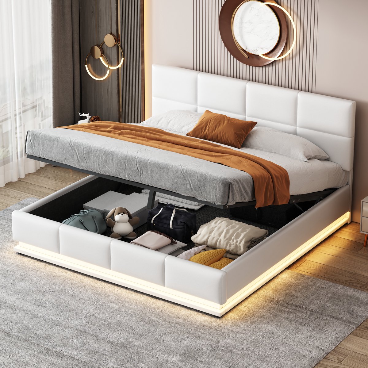 DESMIU Gestoffeerd Bed 160x200 Cm Met LED En Hydraulische Opbergruimte Voor Volwassenen In Slaapkamer Van Kunstleer Wit Zonder Matras