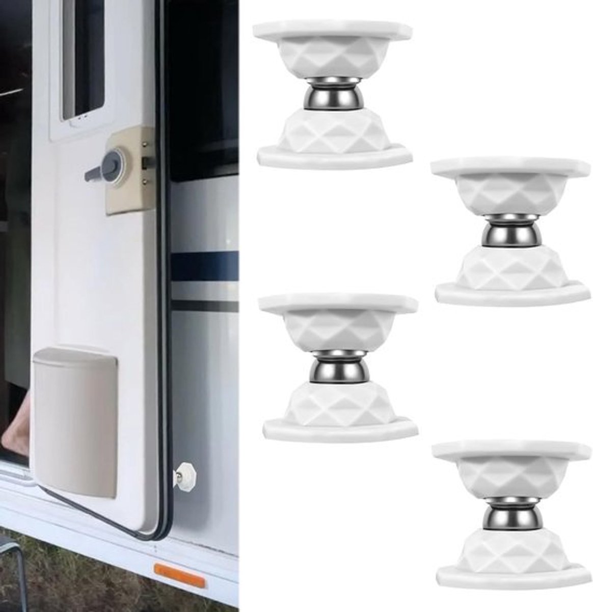 Magnetische Deurhouder met Rits voor Buiten - 4 Stuks, Ideaal voor Campers, Caravans en Motorhomes, Inclusief Schroeven en Silica Gel Deurstopper
