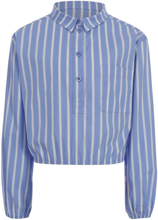Blauw gestreepte blouse met lange mouwen, sluiting met knopen en een borstzakje.