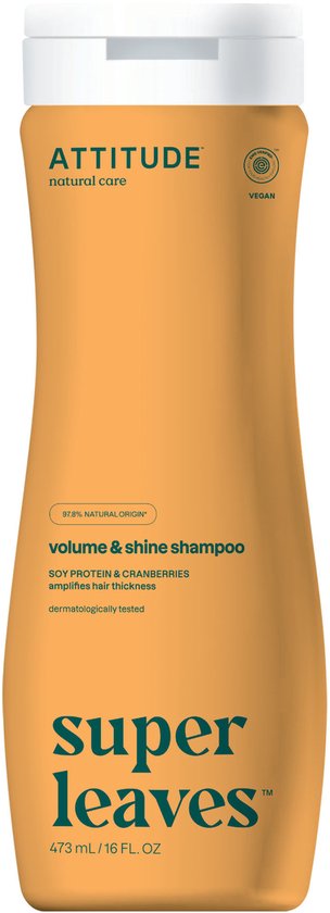 Oranje fles met witte dop. ATTITUDE natural care, volume & shine shampoo, SOY PROTEIN & CRANBERRIES, super leaves.