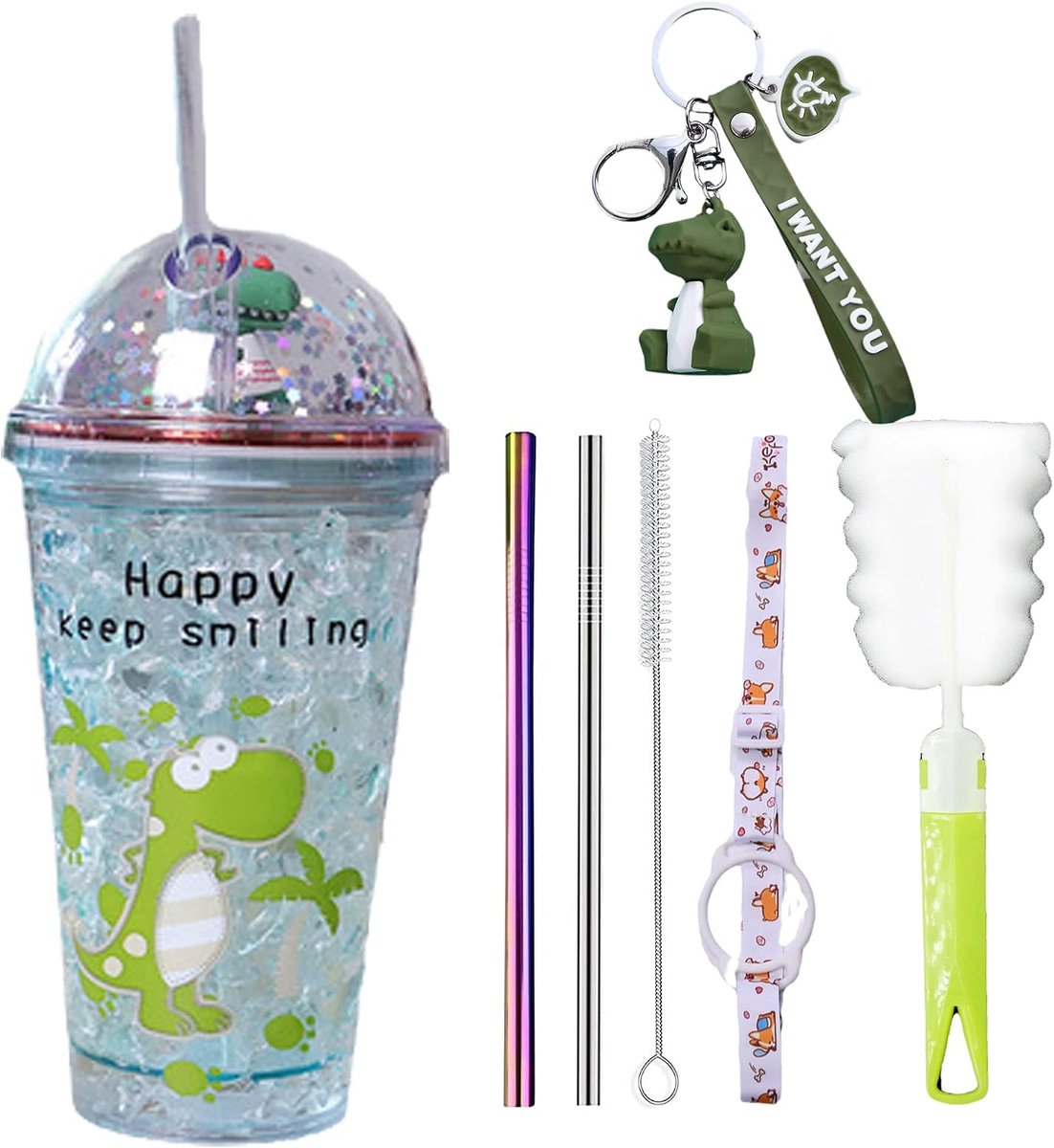 Dinosaurus reismok met stro groene drinkbeker feestbeker ijstollde beker voor picknick verjaardag (palmboom dinosaurus - ShopVlot