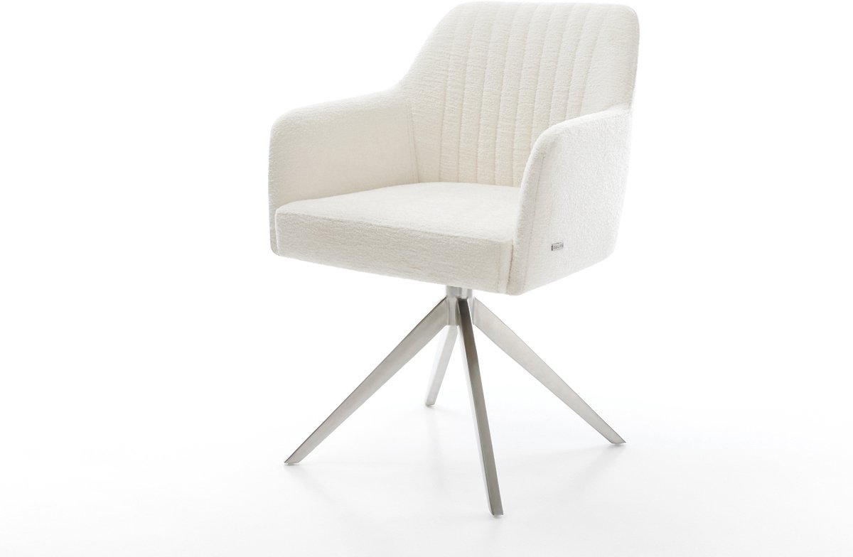 Eetkamerstoel Greg-Flex kruisframe breed roestvrij staal bouclé zacht beige 360° draaibaar rocker-functie pocketveer kern