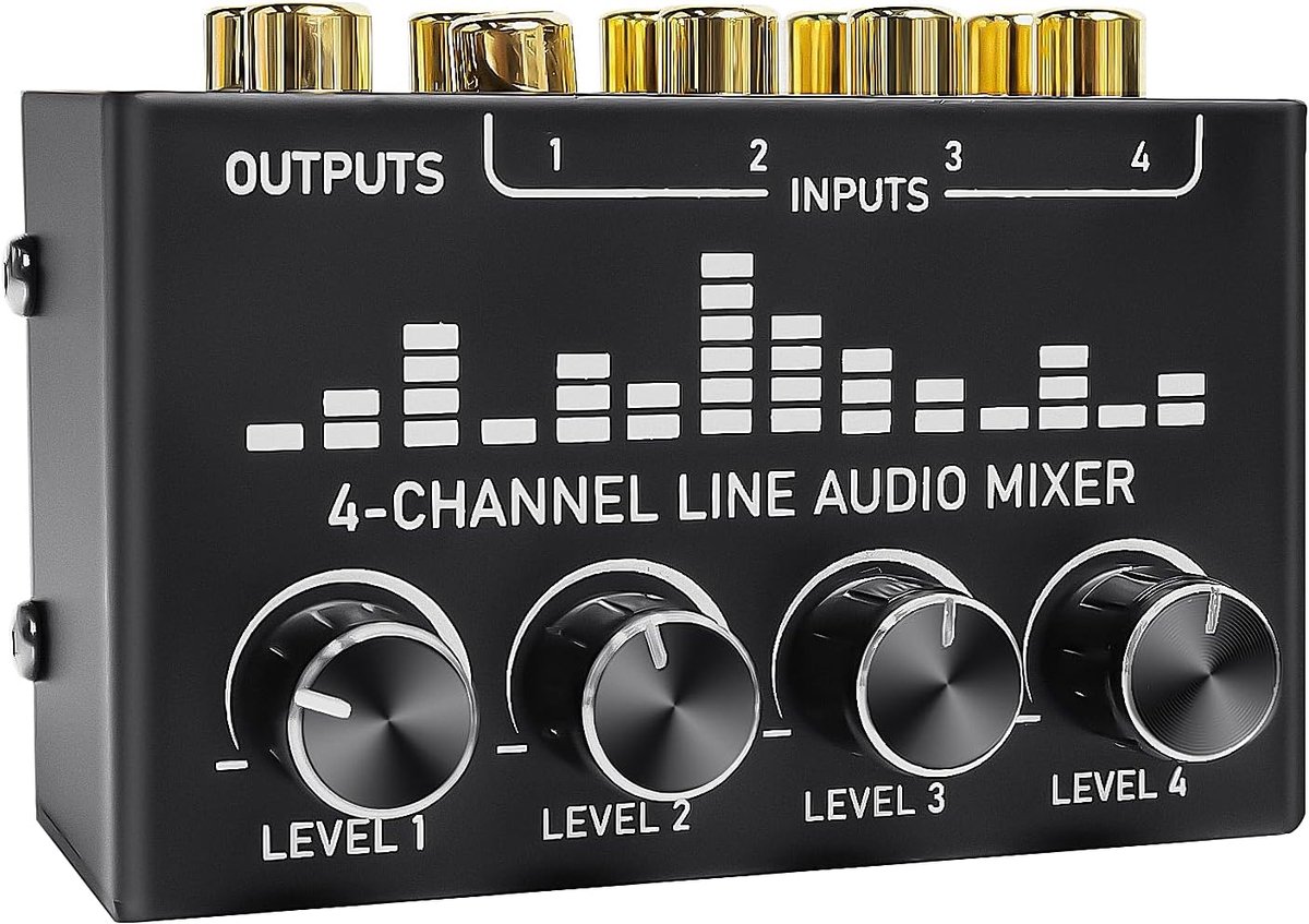 Aveek Mini Mixer, 4-Channel Passive Stereo, RCA Inputs and Outputs, Individual Volume Controls, 1 Input 4 Output - ShopVlot