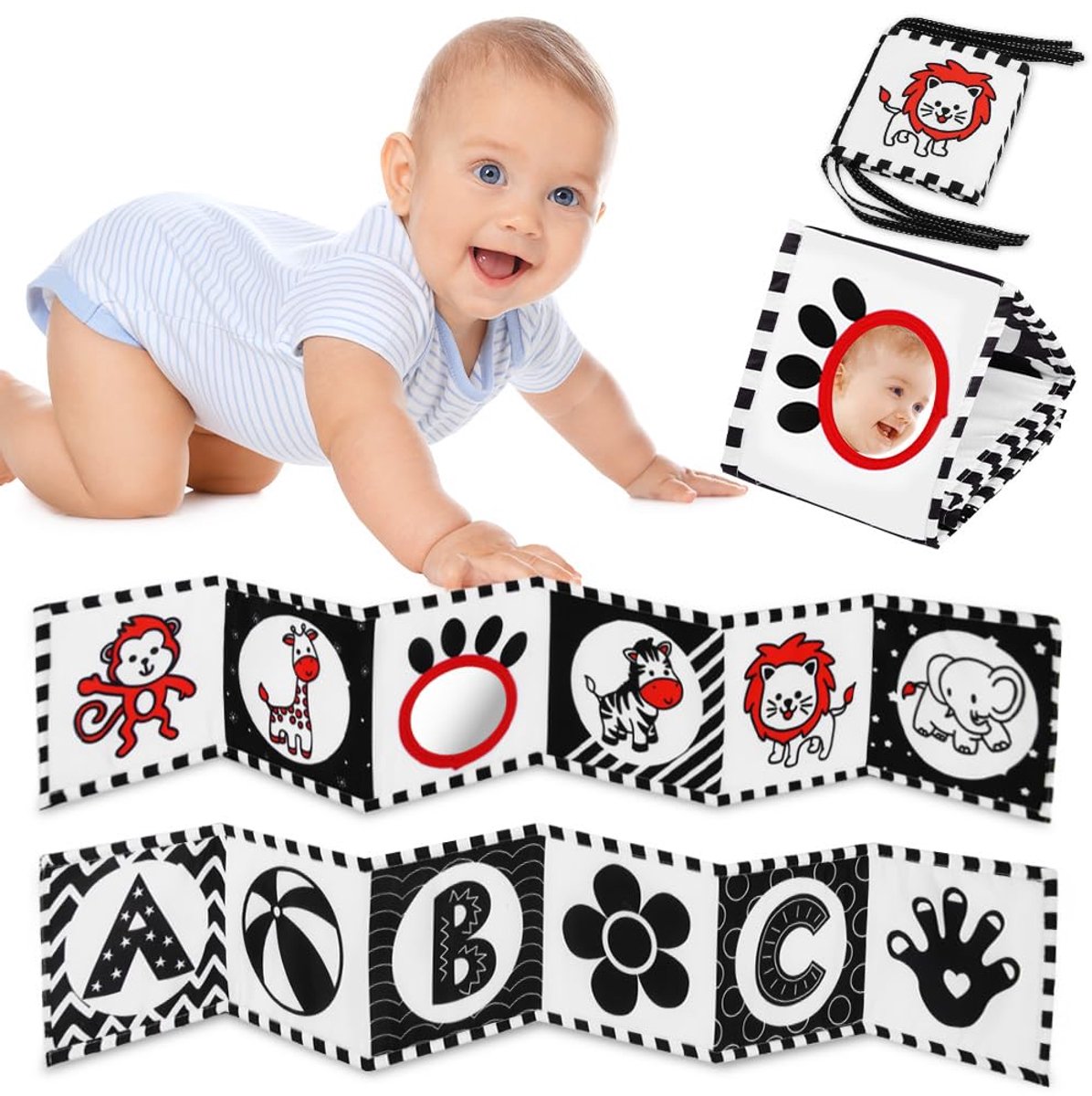 Zwart-Wit Stofboek – Zacht Stofboek met Spiegel – Dubbelzijdig Baby Stofboek – Waarnemings-Leerspeelgoed – Leerspeelgoed voor Pasgeborenen – Cadeau