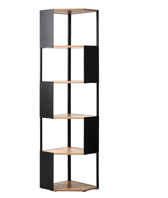 Étagère d'angle en bois à 5 niveaux avec côtés alternés ouverts et fermés.