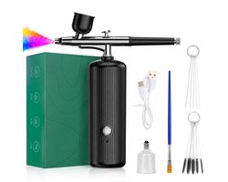 Airbrush Set met Compressor voor Modelbouw, Nail Art, Schilderen en Haarverzorging - Draadloos Oplaadbaar met 2.2 Bar - Dual Action met Spuitkoppen - Zwart