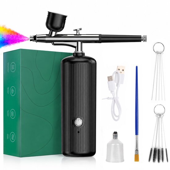 Zwarte draadloze airbrushset met groene doos en accessoires, spuit meerkleurige verf.