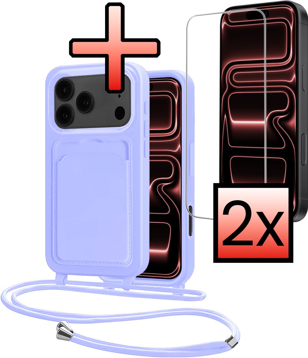Hoes Geschikt voor iPhone 18 Pro Max Met Telefoonkoord Met 2x Screenprotector - Siliconen Hoesje Backcover Met Ketting - Lila