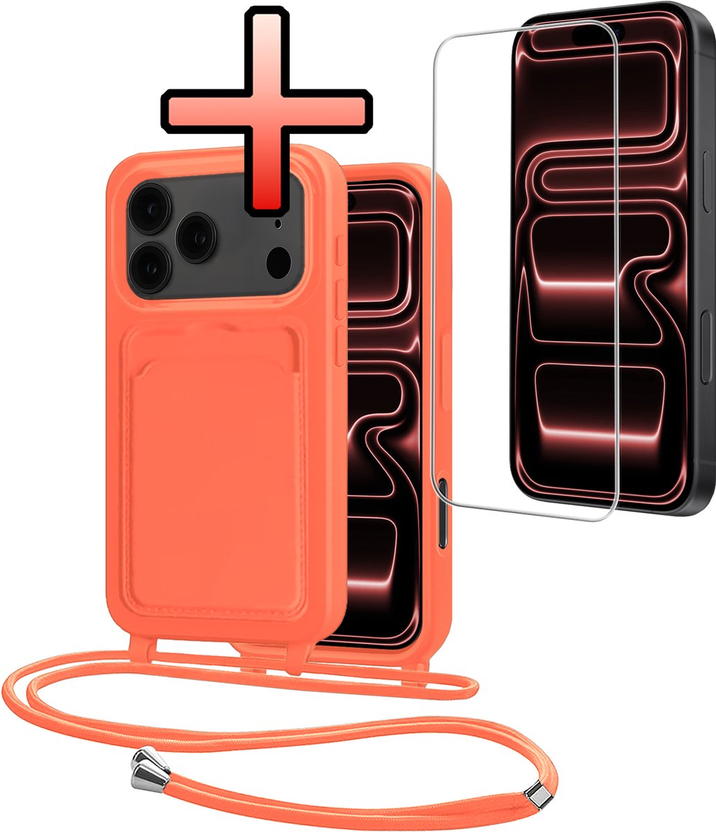 Hoes Geschikt voor iPhone 18 Pro Max Met Telefoonkoord Met Screenprotector - Siliconen Hoesje Backcover Met Ketting - Papaya