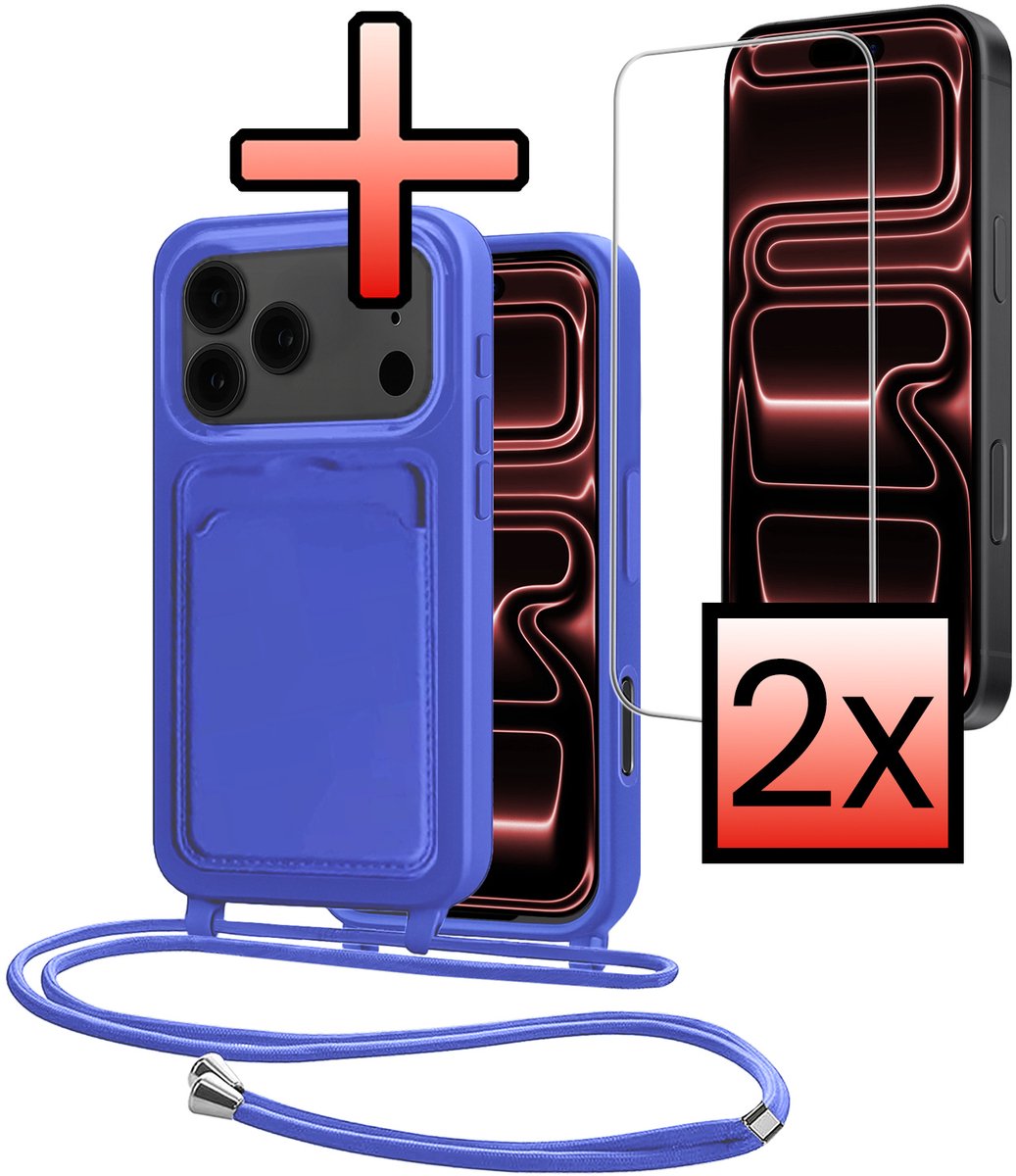 Hoes Geschikt voor iPhone 18 Pro Met Telefoonkoord Met 2x Screenprotector - Siliconen Hoesje Backcover Met Ketting - Felblauw