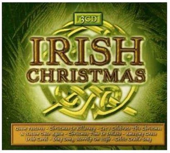 Irish Christmas 3CD box met groene achtergrond. Goudkleurige tekst en Keltische knoop.