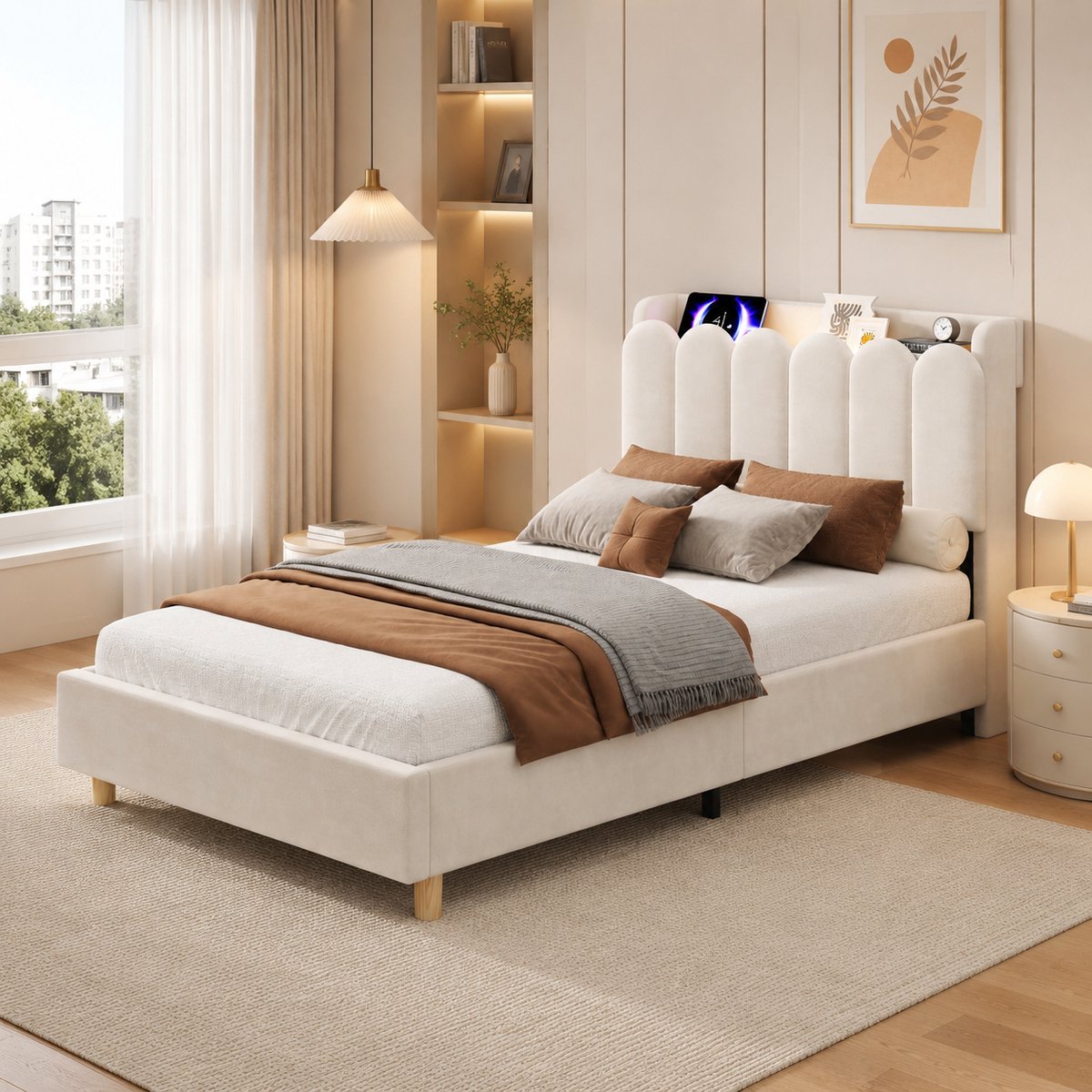 Gestoffeerd bed - kinderbed 90x200 cm - met bedbodem - met USB- en Type-C-oplaadpoort en leeslamp - beige - zonder matras