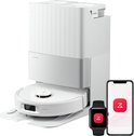 Witte Roborock robotstofzuiger met dock, smartphone en smartwatch.