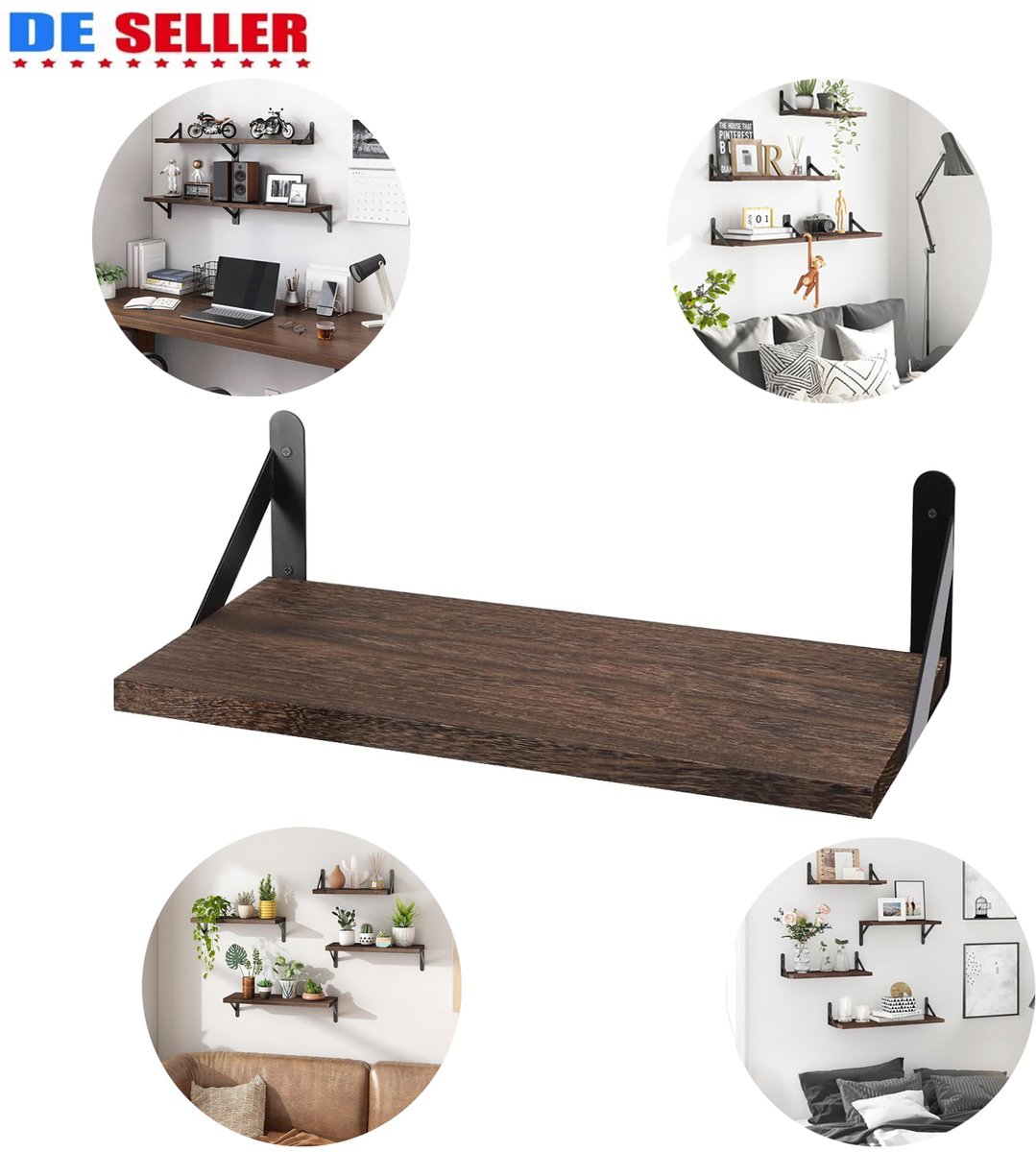 COVREO Wandplanken set van 4, hout en ijzer, muurmontage voor opslag