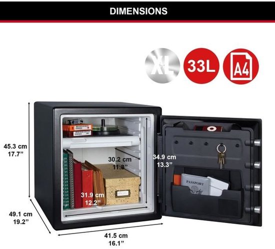 Zwarte kluis met cijferslot, XL, 33L, A4 formaat. Afmetingen: 45.3x41.5x49.1 cm. Binnenmaten: 30.2x31.9x34.9 cm.