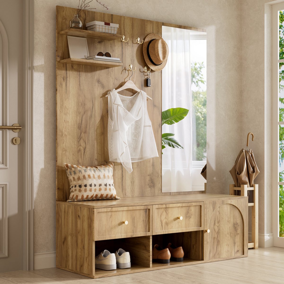 MIVRAY Kledingrek - 6 In 1 Garderobeset Met Spiegel En 5 Haken - Voor Hal En Gang - Spaanplaat - Naturel - 120 X 35 X 159 Cm