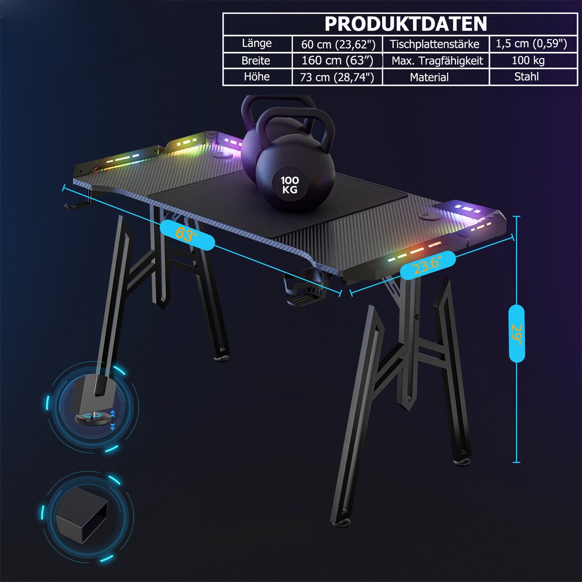 Froadp Gaming bureau ergonomisch bureau gaming met led zwarte tafel gaming pc-tafel met koolstofvezel coating met bekerhouder en hoofdtelefoonhaak 160 x 60 x 73 cm M poten