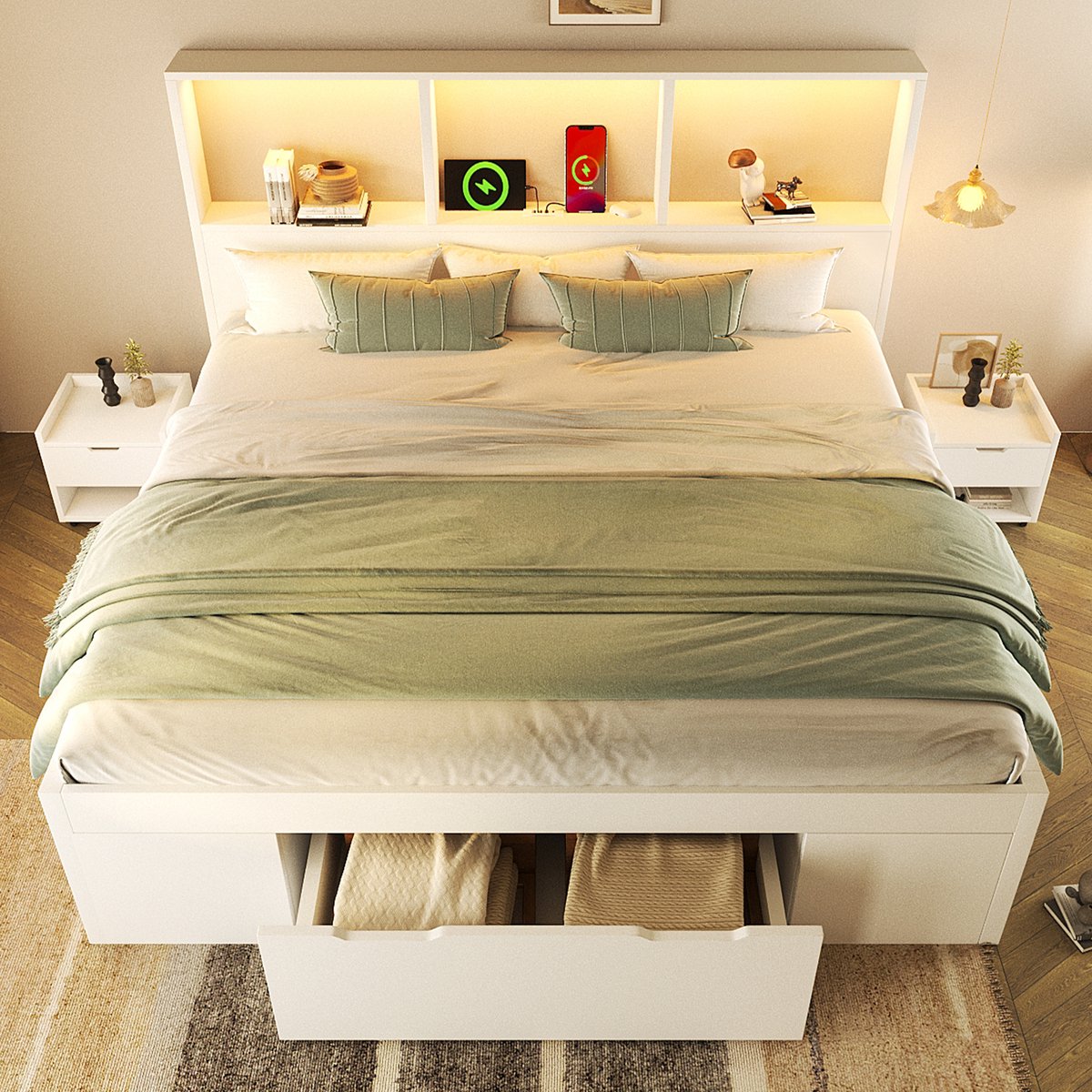 VVBV Tweepersoonsbed 140x200 cm - USB & Type-C, Opbergruimte, LED-Verlichting, Met Lades - Wit, Hout