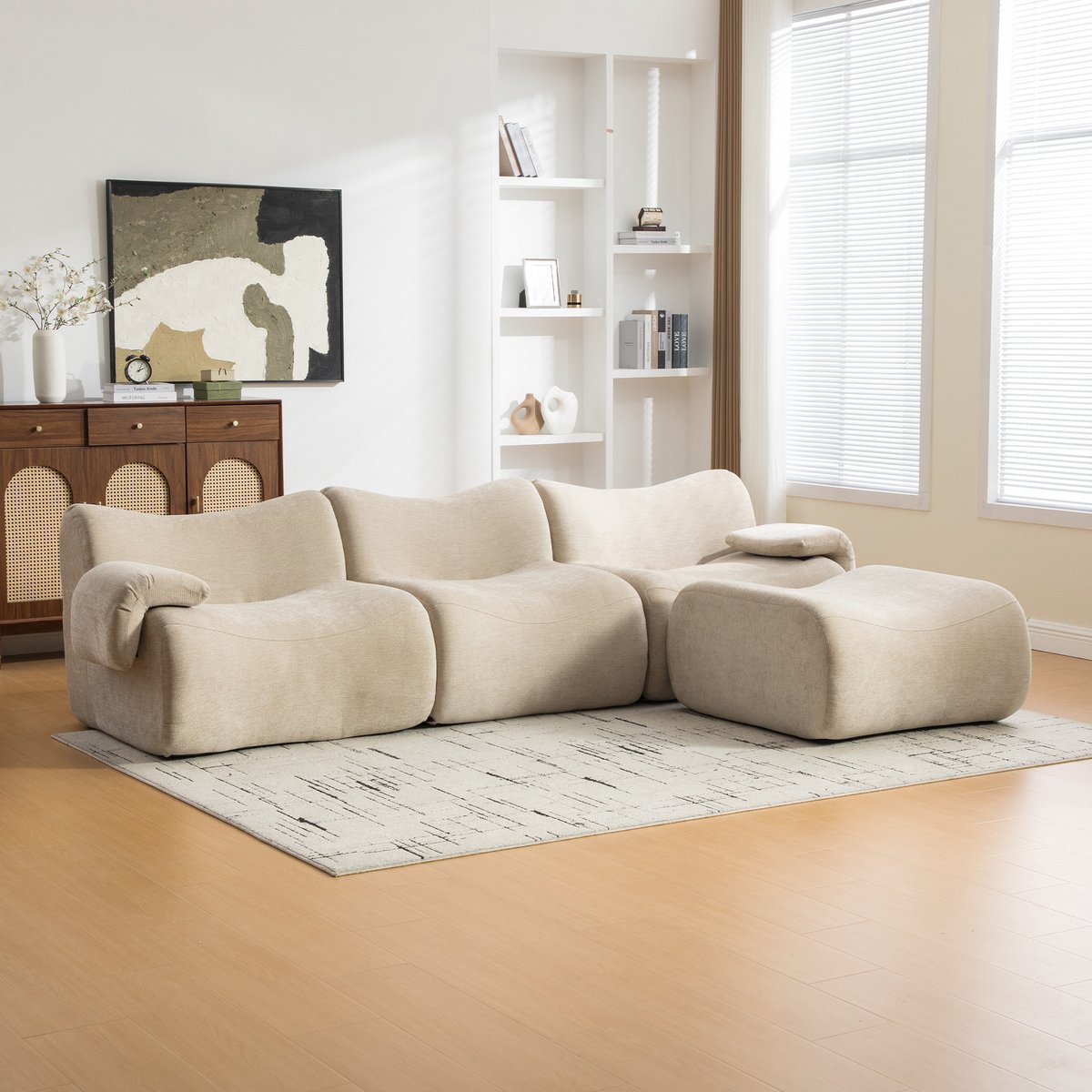 Modulaire Bank - 3-Zits Chenille Cloud Sofa Zonder Montage - Frameloze Lounge Bank Met 30D Schuimvulling En Antislip Onderkant - Zachte Diepe Zitbank Voor Woonkamer, Slaapkamer En Appartement - Licht Khaki