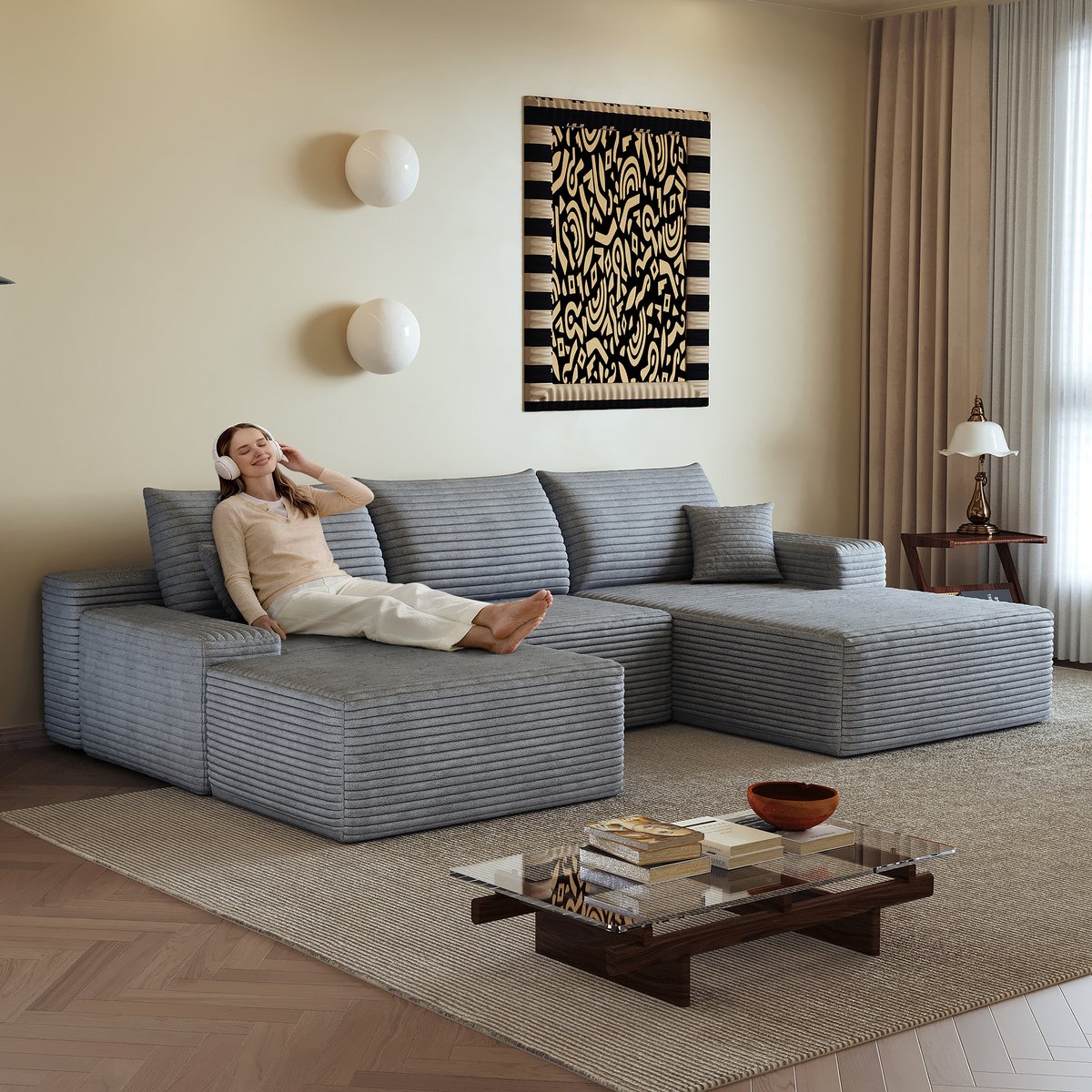 Modulaire Hoekbank - 4-Zits Corduroy Cloud Sofa 270 cm Met Loungebed En Diepe Zit - Frameloze L-Vorm Lounge Bank Zonder Montage - Zachte Bank Voor Woonkamer Appartement Slaapkamer - Grijs