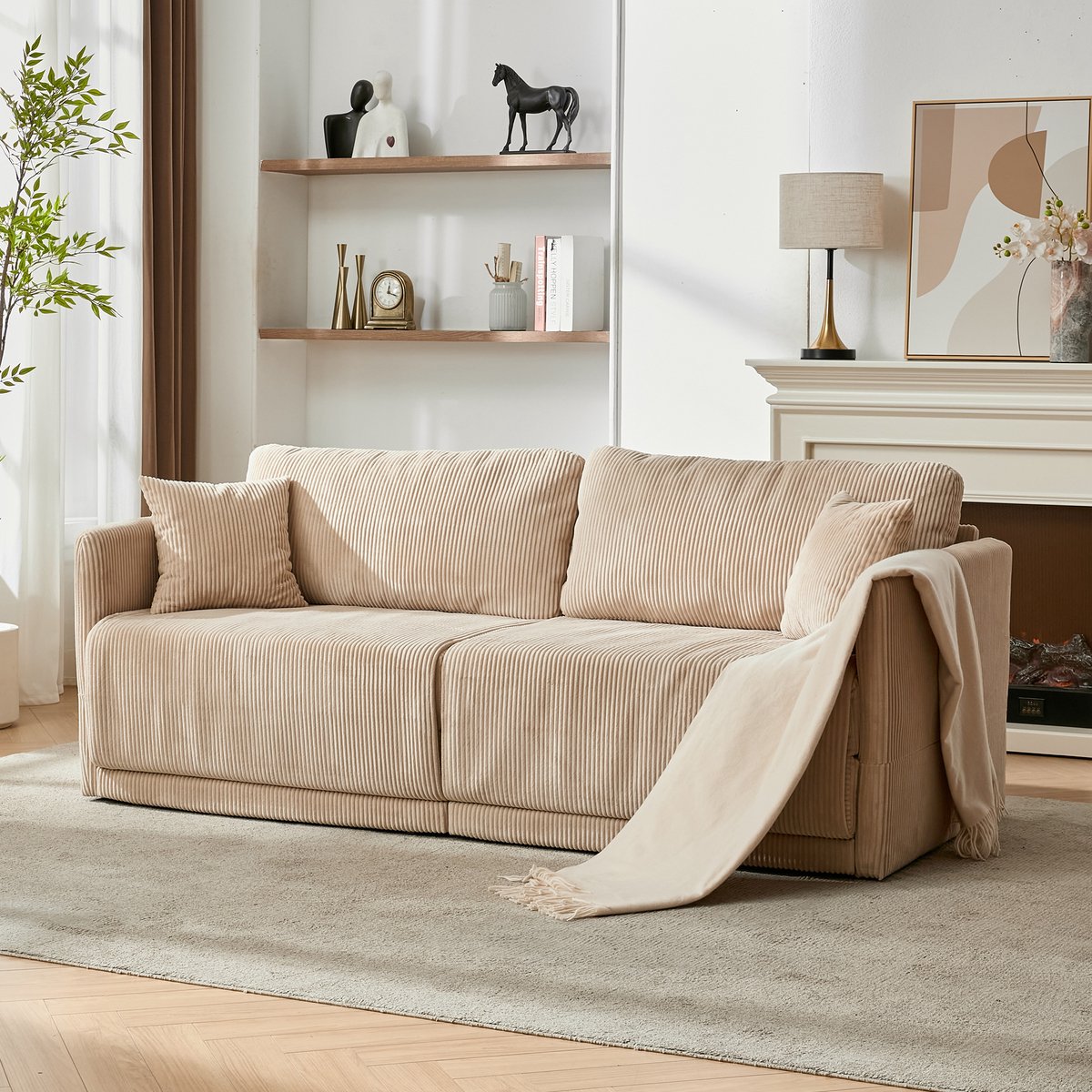 2-Zits Slaapbank - Moderne Ribstof Sofa Bed Met Opklapfunctie - Comfortabele Bank Voor Woonkamer En Appartement - Beige