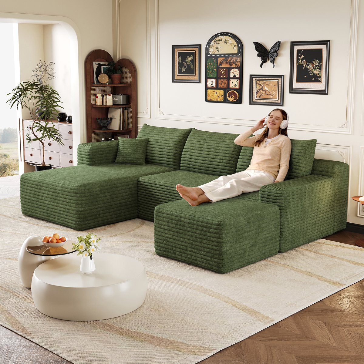 L Hoekbank 241 cm - 4 Zits Cloud Sofa Met Ribstof Bekleding - Comfortabele Modulaire Lounge Bank Zonder Montage - Diepe Zitbank Voor Woonkamer - Groen