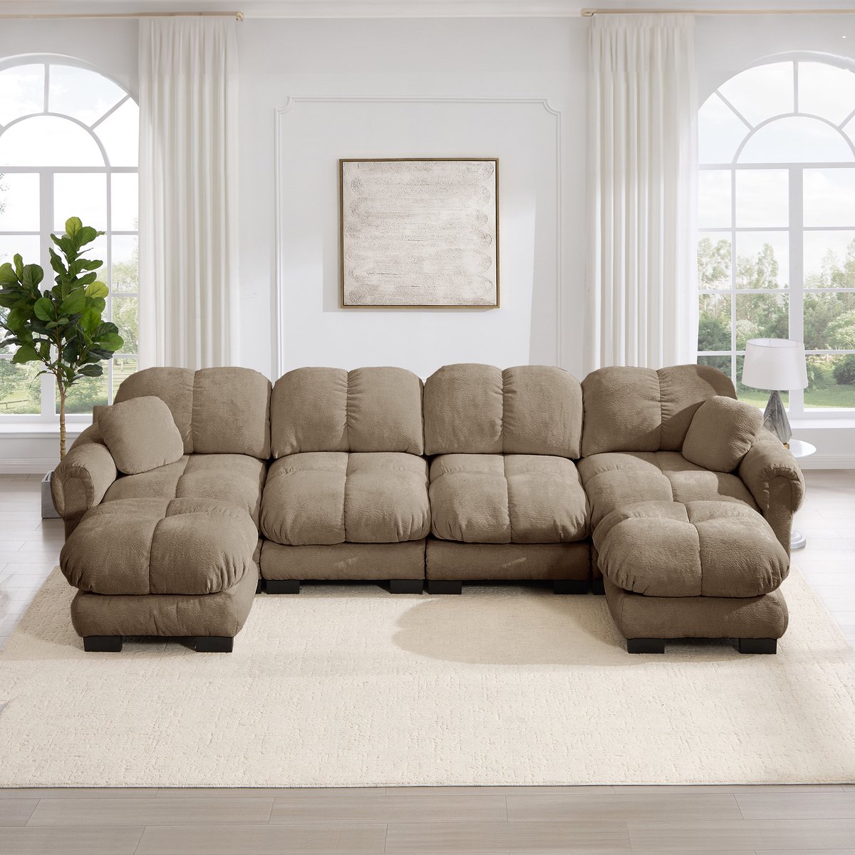 U-vormige 4-zits bank - Massieve hout bank met 2 mobiele voetenbanken - 330x149x90 cm, Bruin